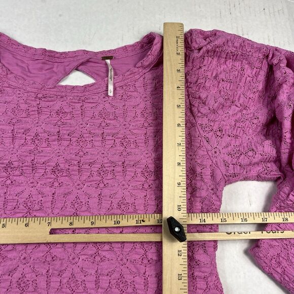 Free People Tea Time Blouse Pink Lace Open Back Boho Romantic Puff Sleeve Large - Picture 8 of 10